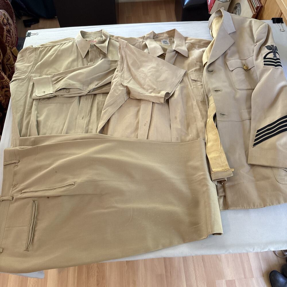 VTG USN Navy CPO Service Dress Khaki Uniform Group XL 17.5 4pc Named Tunic Pants